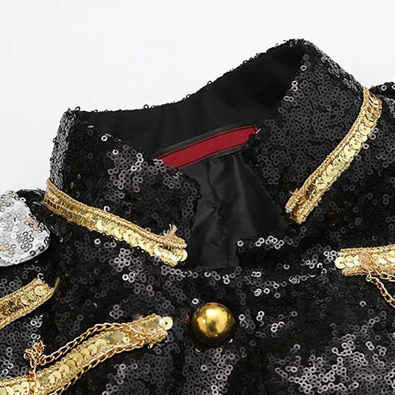 Men's Classic Military Style Stage Full Black Sequin Trench Coat