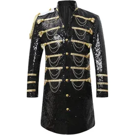 Men's Classic Military Style Stage Full Black Sequin Trench Coat