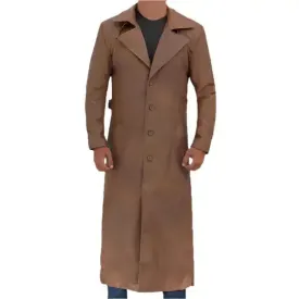Men's Long Brown Leather Trench Coat - Stylish & Classic