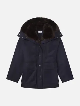 Nolan Faux Fur Trim Coat in Navy Romeo