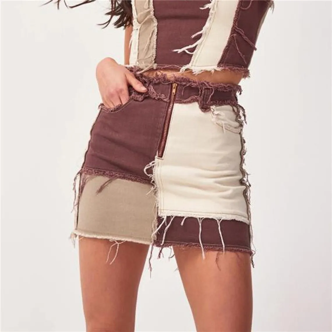 Patchwork Zipper Closure Style Ripped Tassel Skirt