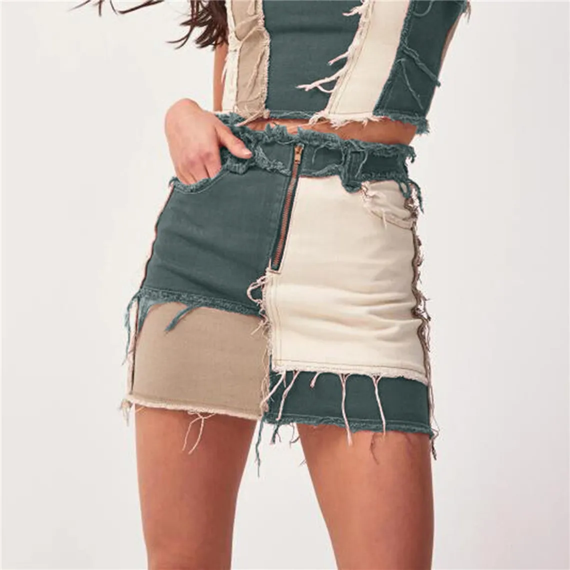 Patchwork Zipper Closure Style Ripped Tassel Skirt