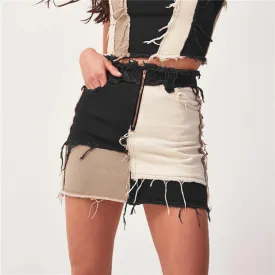 Patchwork Zipper Closure Style Ripped Tassel Skirt