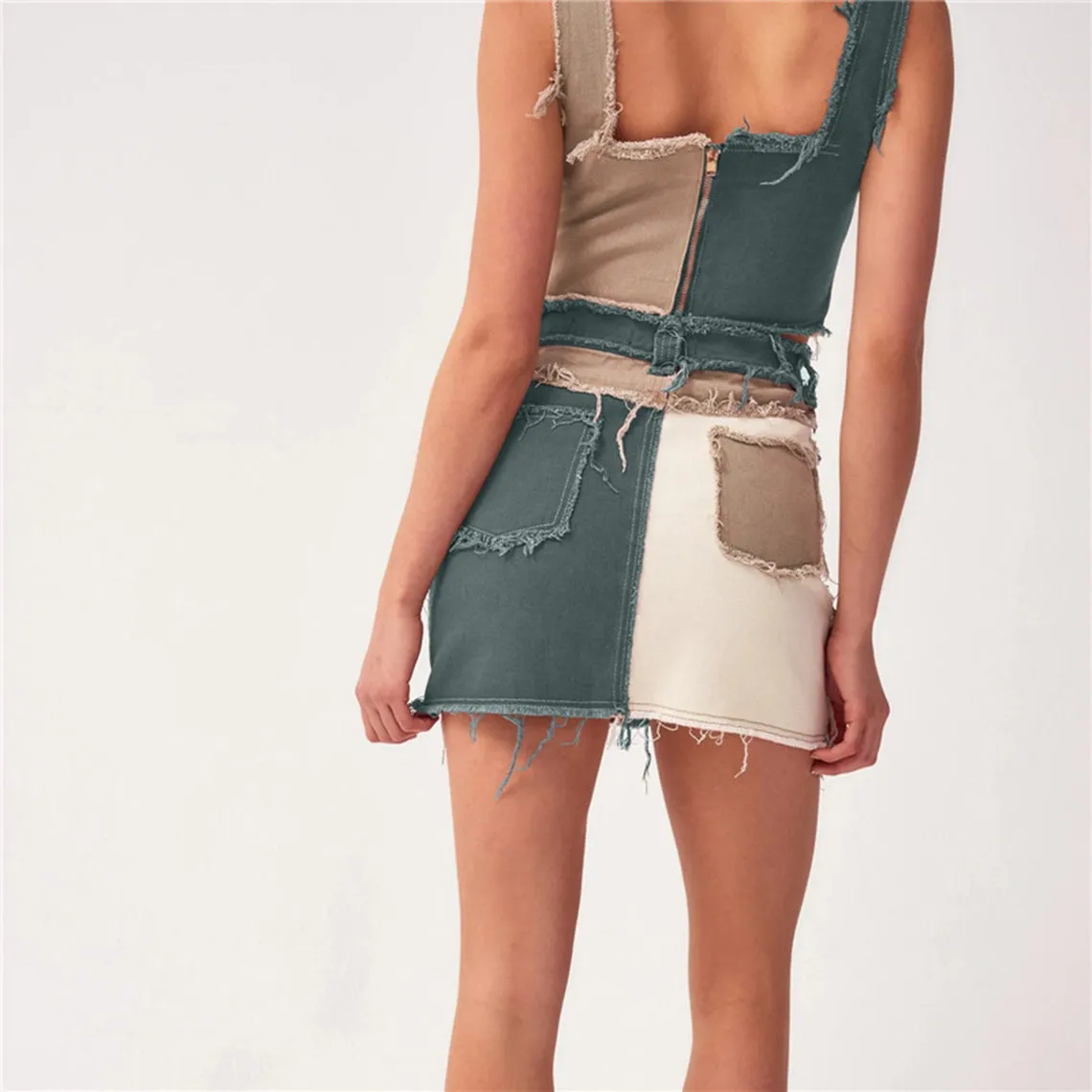 Patchwork Zipper Closure Style Ripped Tassel Skirt