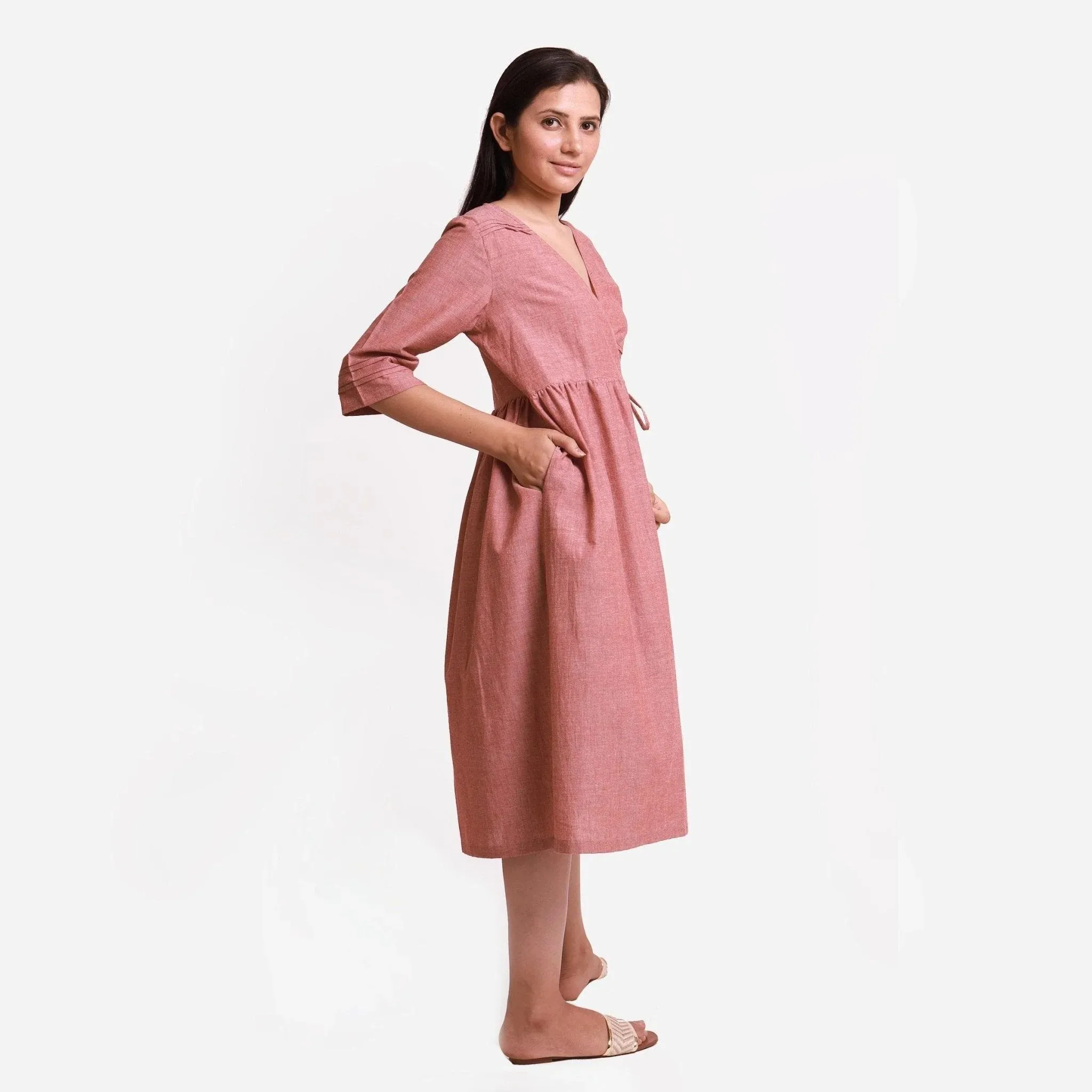 Peach Mangalgiri Cotton Tie Up Midi Wrap Dress