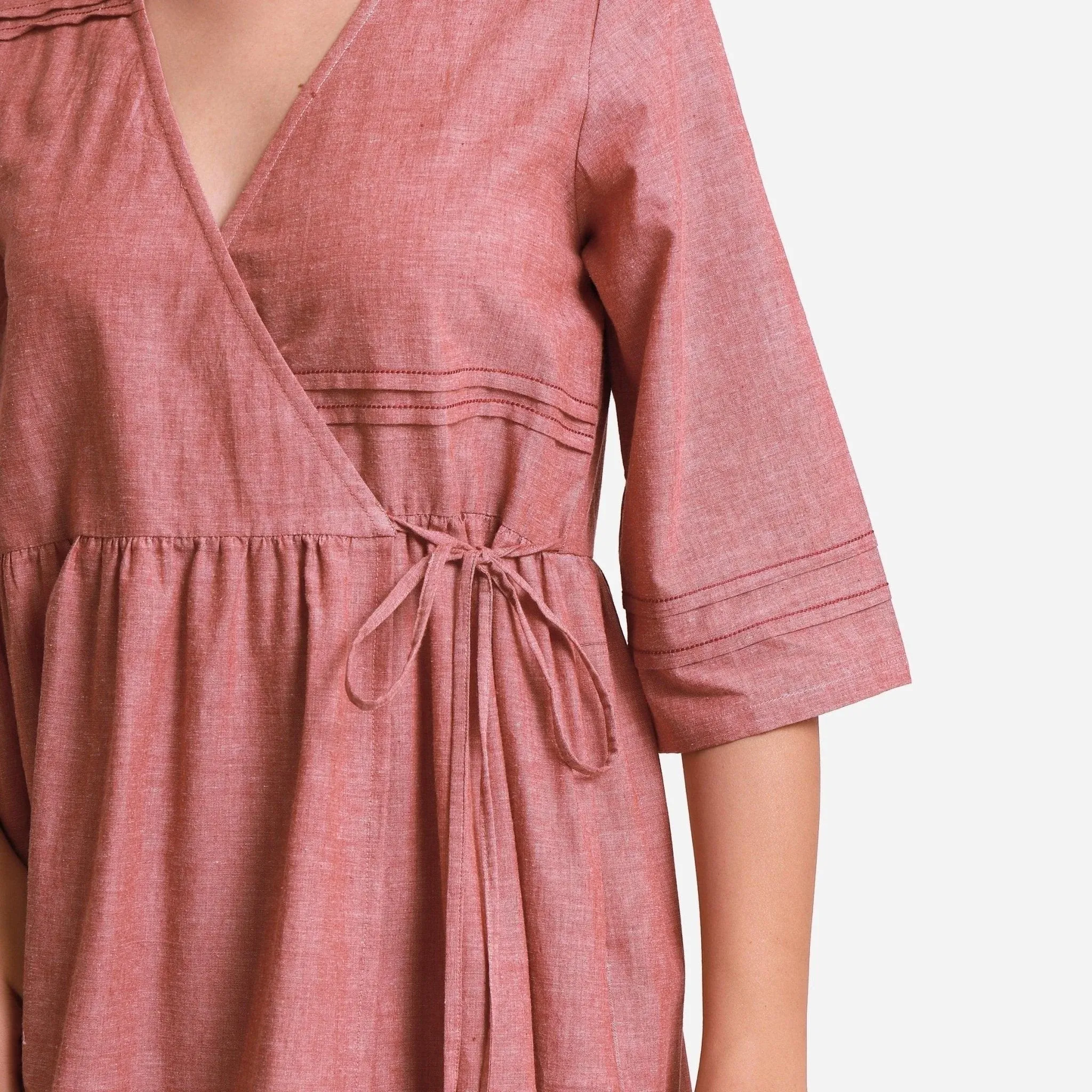 Peach Mangalgiri Cotton Tie Up Midi Wrap Dress