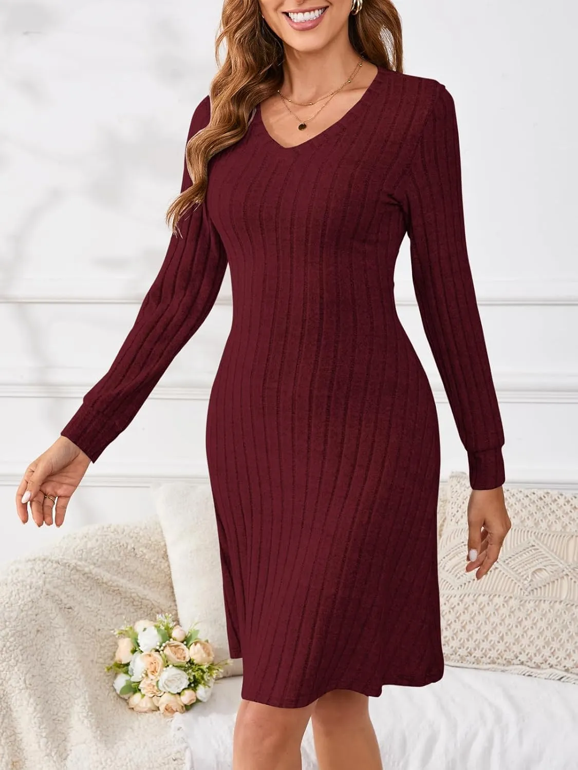 PerZeal Women's Casual V Neck Long Sleeve Knit 2025 Trendy Spring Dresses Solid Color A Line Midi Dress Sweater Dress