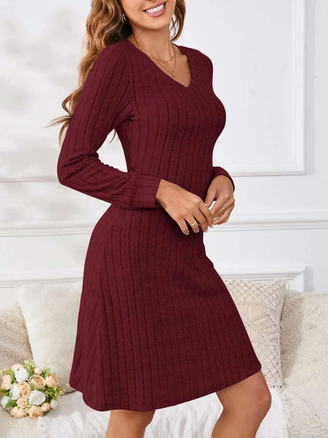 PerZeal Women's Casual V Neck Long Sleeve Knit 2025 Trendy Spring Dresses Solid Color A Line Midi Dress Sweater Dress