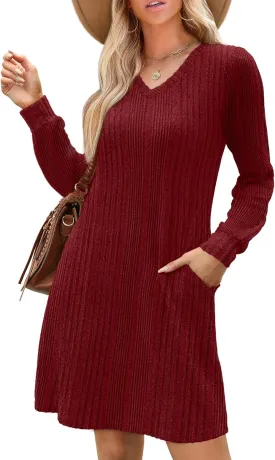 PerZeal Women's Casual V Neck Long Sleeve Knit 2025 Trendy Spring Dresses Solid Color A Line Midi Dress Sweater Dress