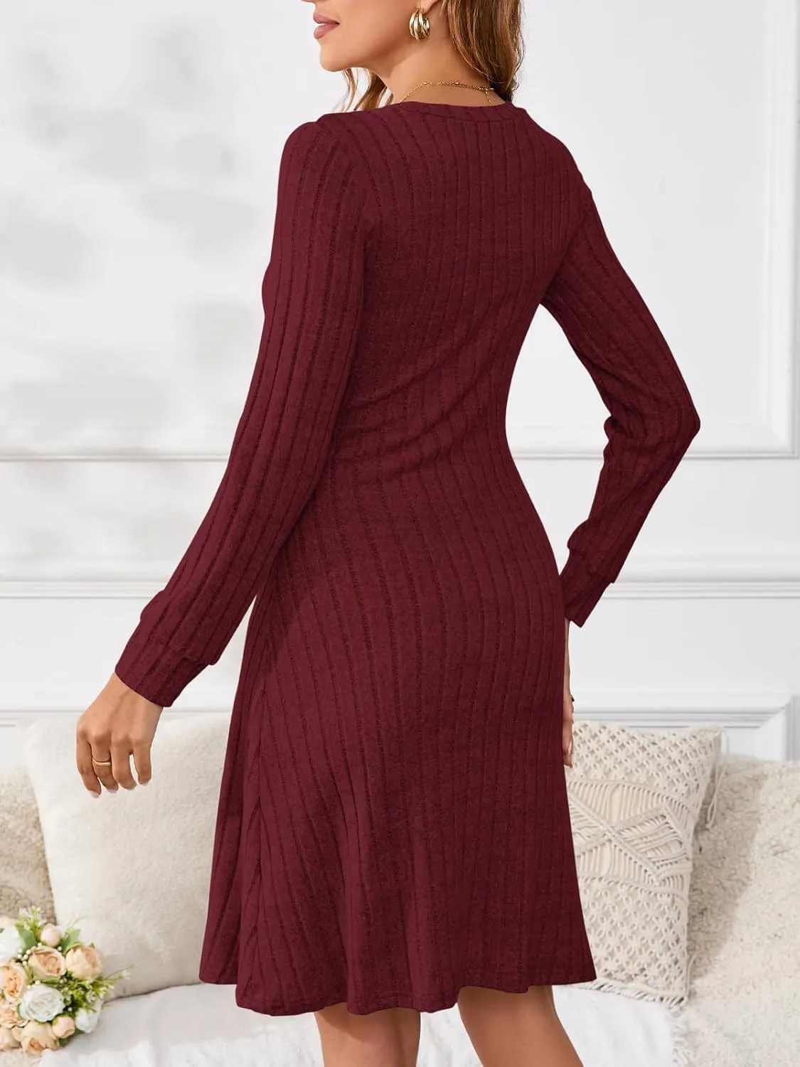PerZeal Women's Casual V Neck Long Sleeve Knit 2025 Trendy Spring Dresses Solid Color A Line Midi Dress Sweater Dress