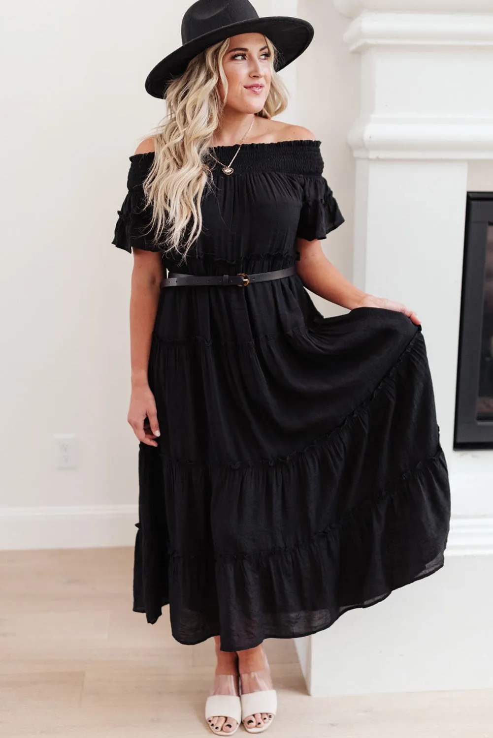 Plus Size Smocked Off Shoulder Tiered Maxi Dress with Belt