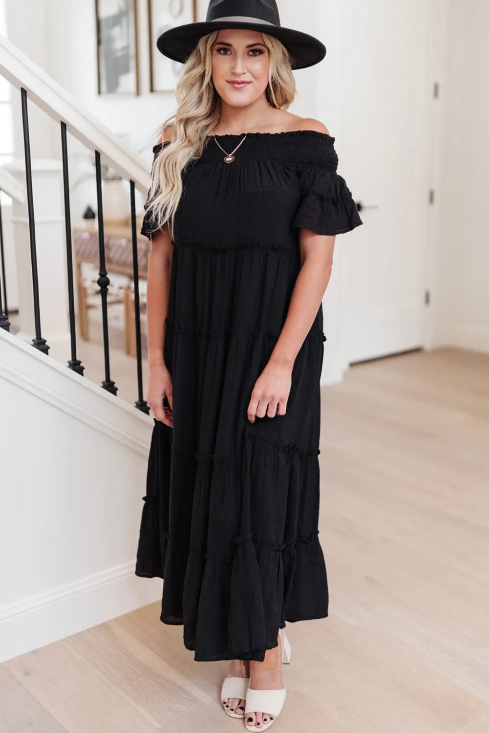 Plus Size Smocked Off Shoulder Tiered Maxi Dress with Belt
