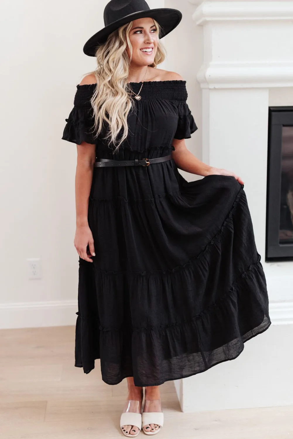 Plus Size Smocked Off Shoulder Tiered Maxi Dress with Belt