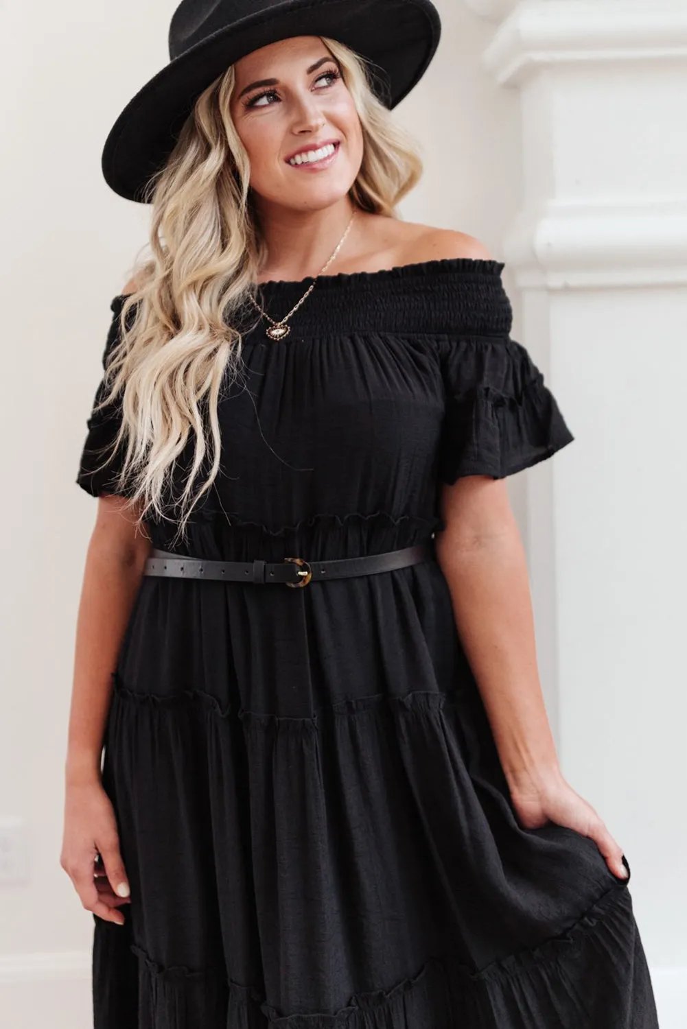 Plus Size Smocked Off Shoulder Tiered Maxi Dress with Belt