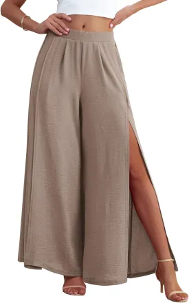 POKWAI Split Wide Leg Pants for Women Beach Vacation High Waist Lightweight Flowy Casual Summer Pants