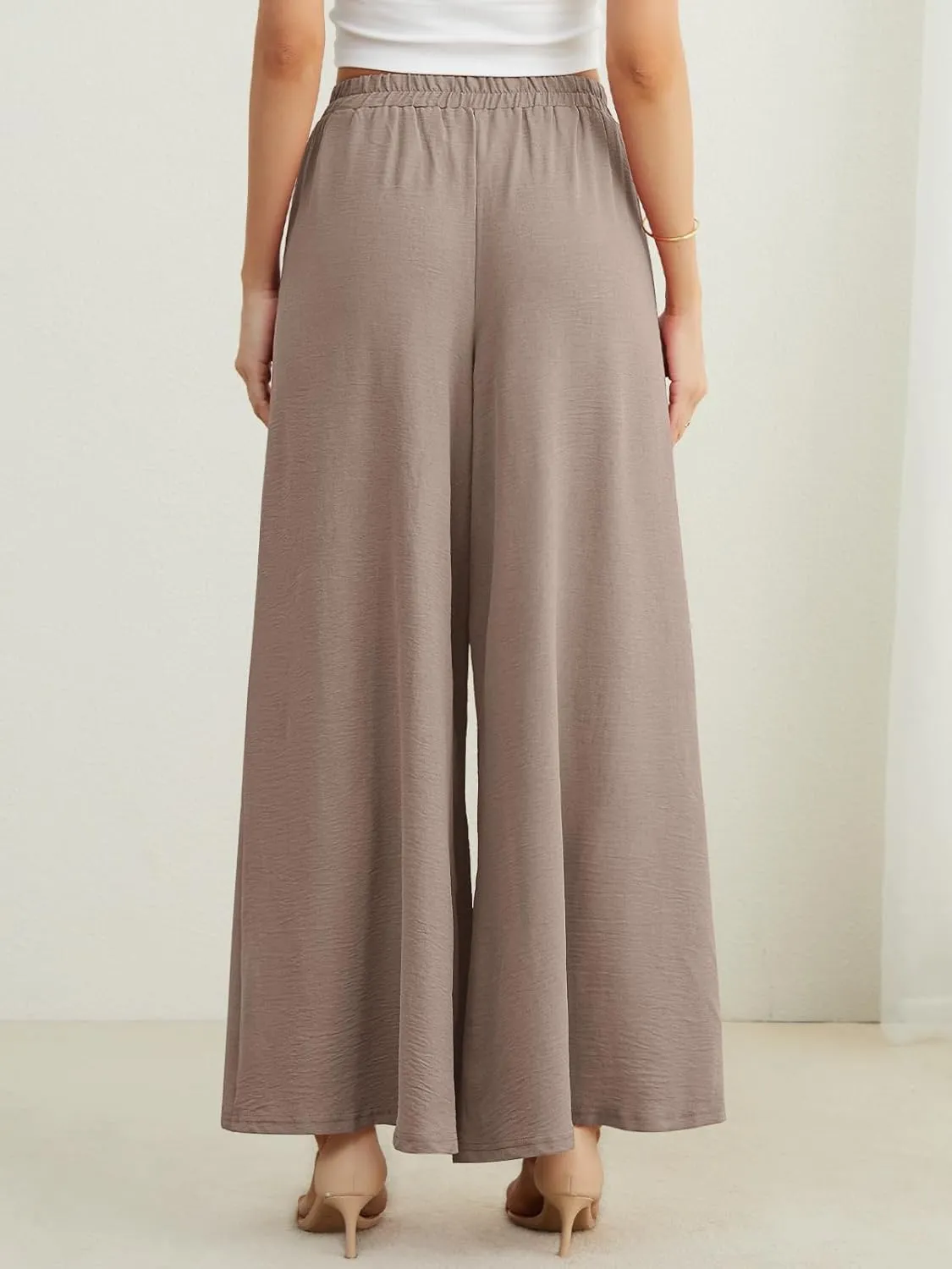 POKWAI Split Wide Leg Pants for Women Beach Vacation High Waist Lightweight Flowy Casual Summer Pants