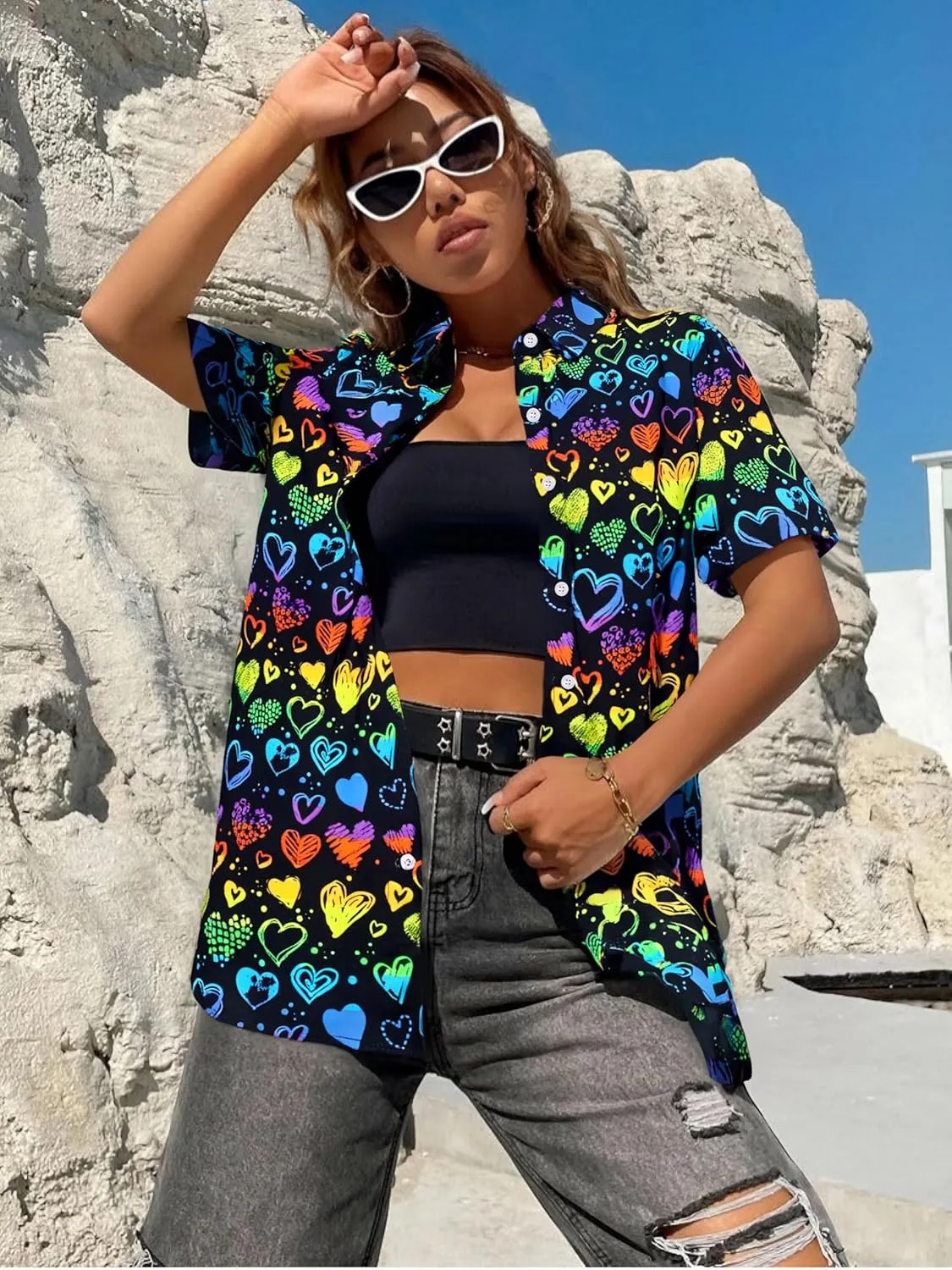 Pride Outfits for Women LGBT Shirts - Rainbow Graphic Tees Inspirational V Neck T-Shirt Short Sleeve Button up Tops