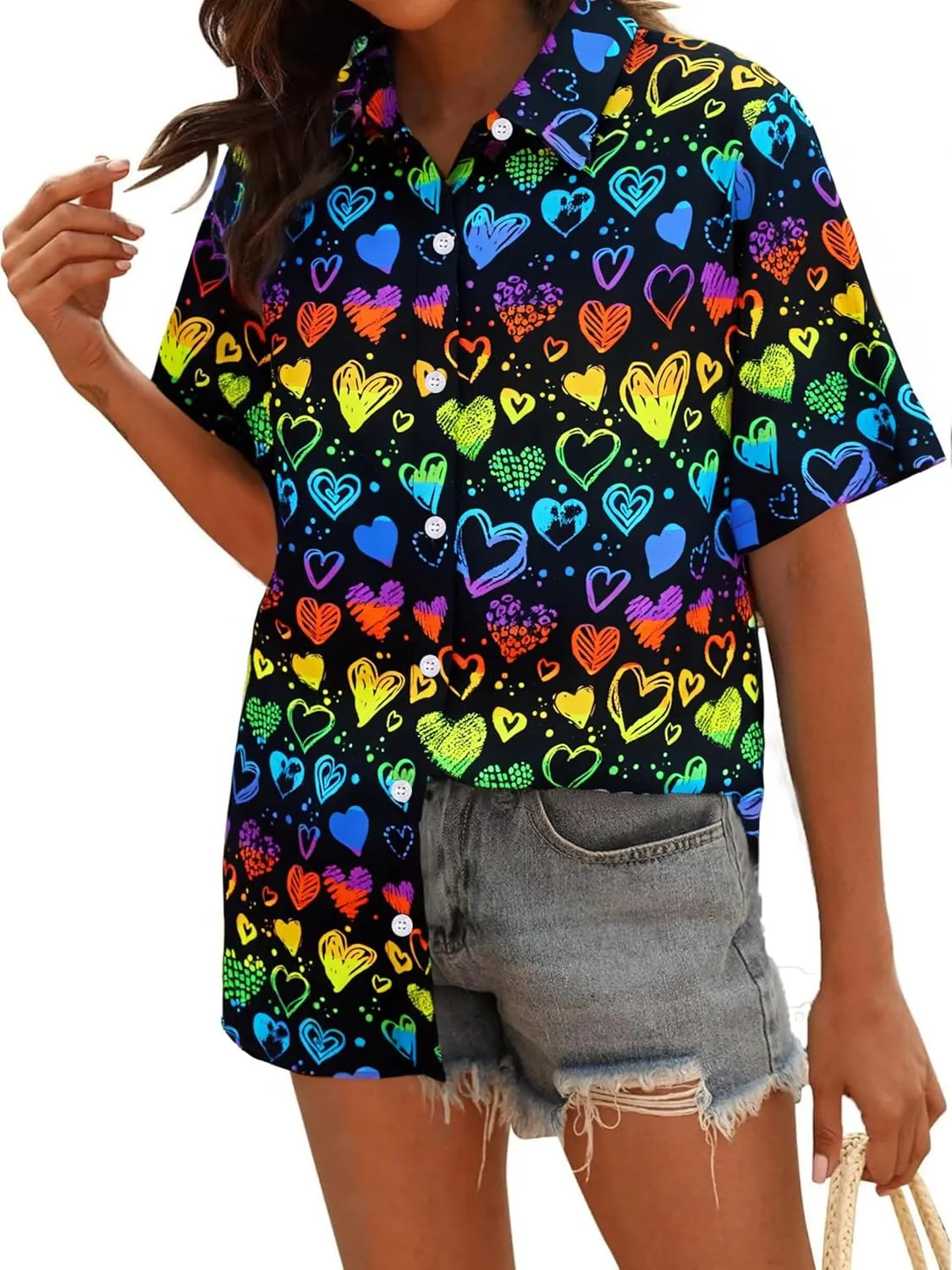 Pride Outfits for Women LGBT Shirts - Rainbow Graphic Tees Inspirational V Neck T-Shirt Short Sleeve Button up Tops