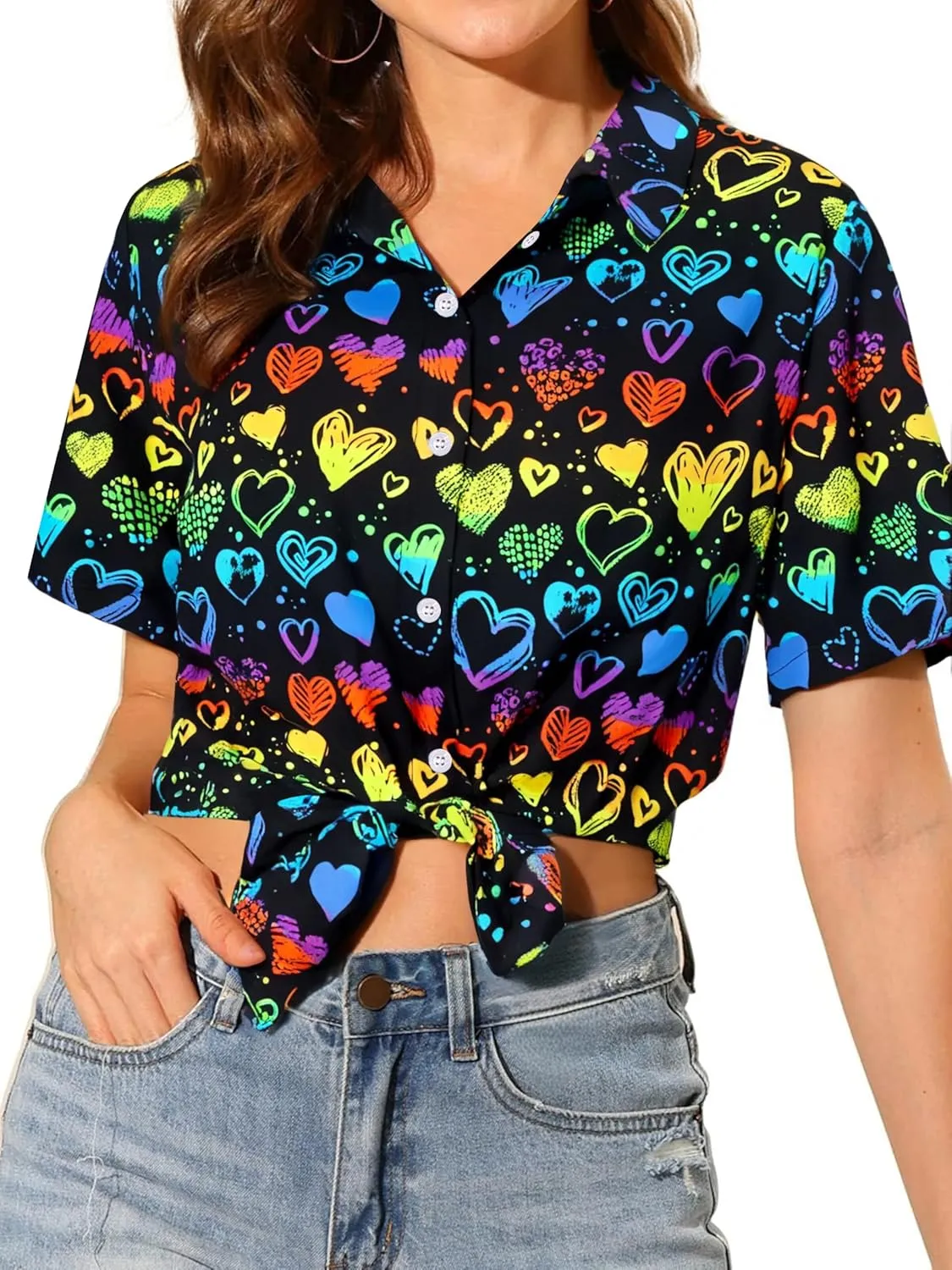 Pride Outfits for Women LGBT Shirts - Rainbow Graphic Tees Inspirational V Neck T-Shirt Short Sleeve Button up Tops