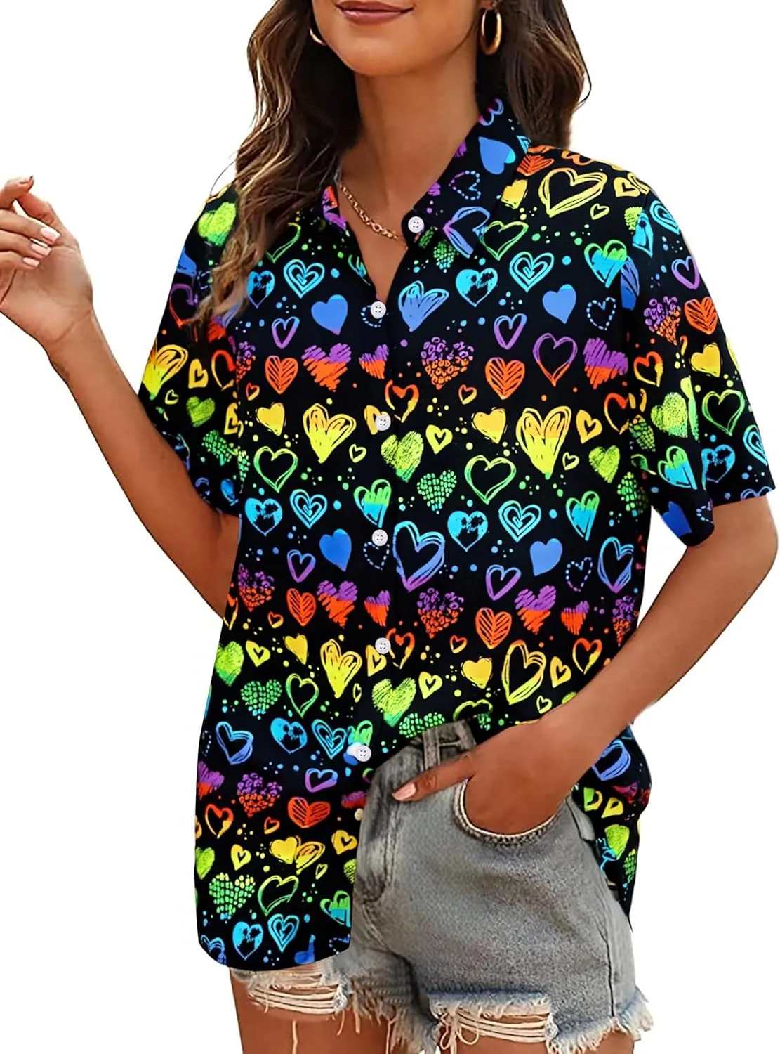 Pride Outfits for Women LGBT Shirts - Rainbow Graphic Tees Inspirational V Neck T-Shirt Short Sleeve Button up Tops