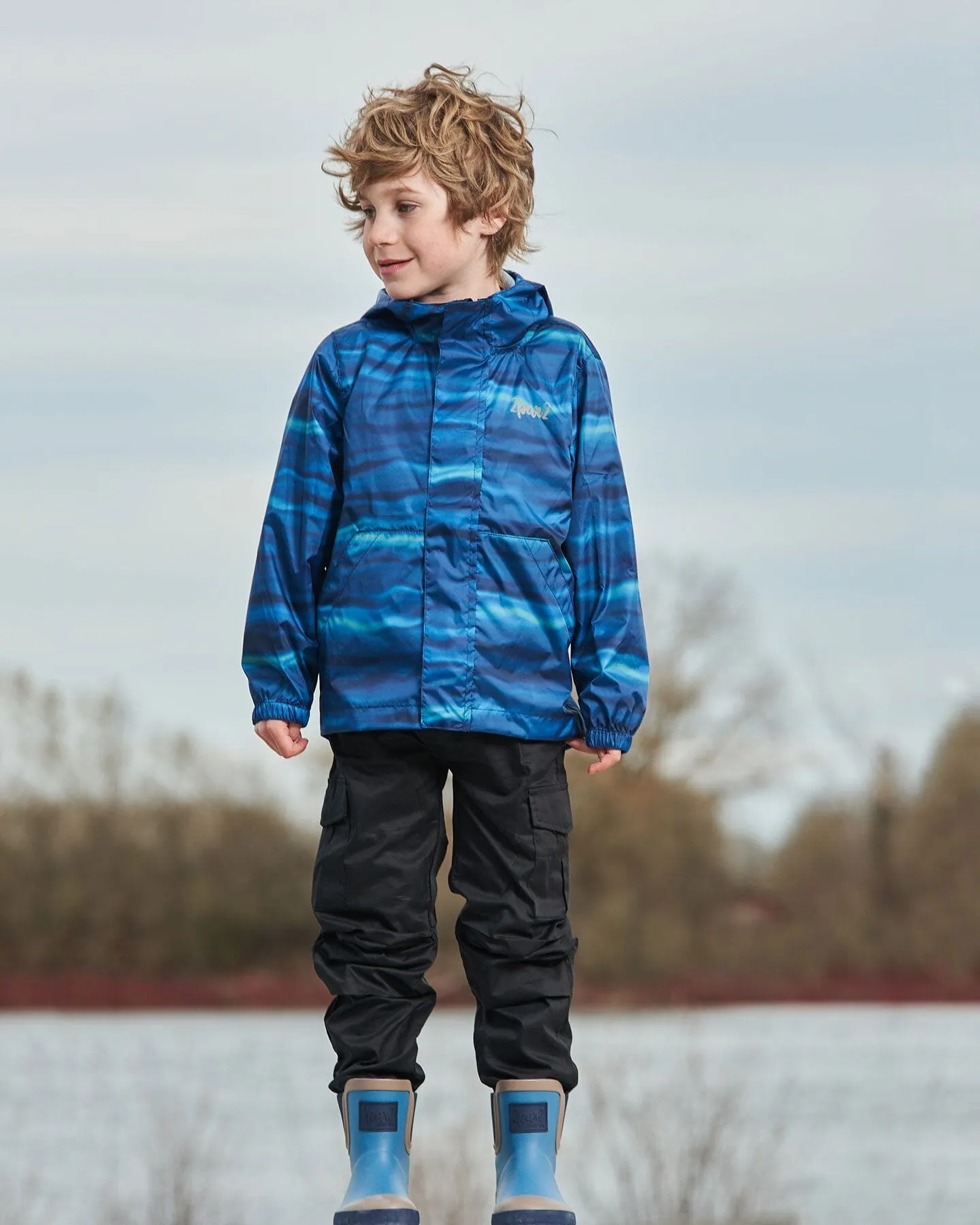 Printed Packable Windbreaker Blue Wave And Black