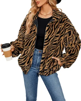 RINTONIX Women Long Sleeve Stand Collar Zebra Graphic Zip Up Faux Fur Fuzzy Jacket Outerwear Color Block Fluffy Jacket