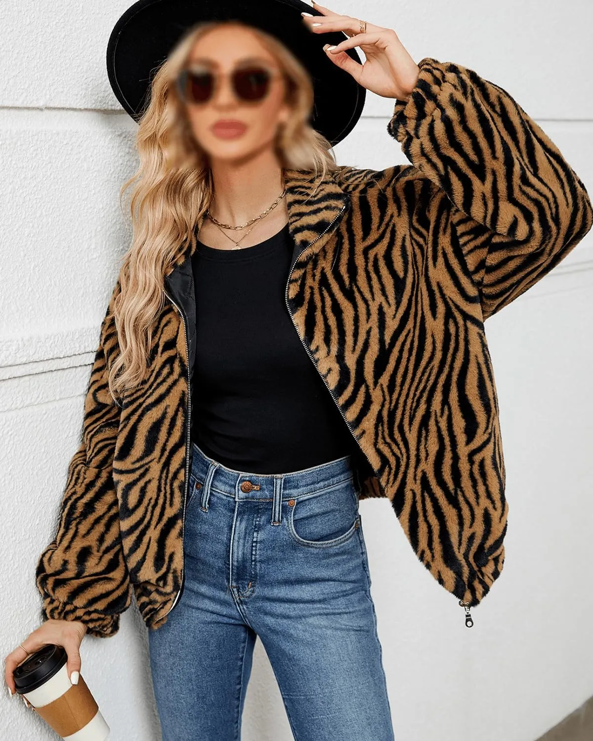 RINTONIX Women Long Sleeve Stand Collar Zebra Graphic Zip Up Faux Fur Fuzzy Jacket Outerwear Color Block Fluffy Jacket