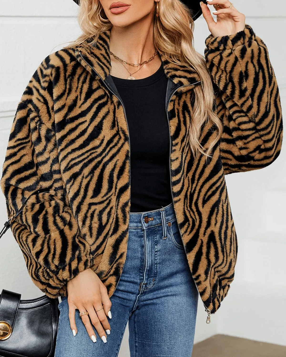 RINTONIX Women Long Sleeve Stand Collar Zebra Graphic Zip Up Faux Fur Fuzzy Jacket Outerwear Color Block Fluffy Jacket