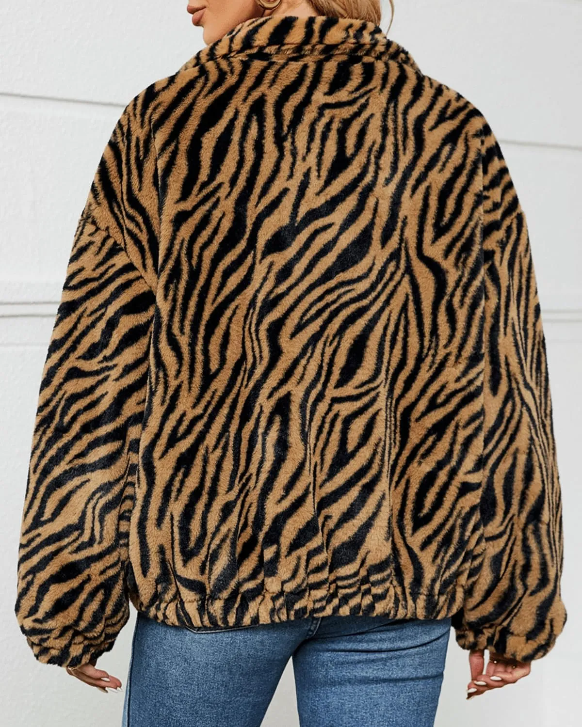 RINTONIX Women Long Sleeve Stand Collar Zebra Graphic Zip Up Faux Fur Fuzzy Jacket Outerwear Color Block Fluffy Jacket