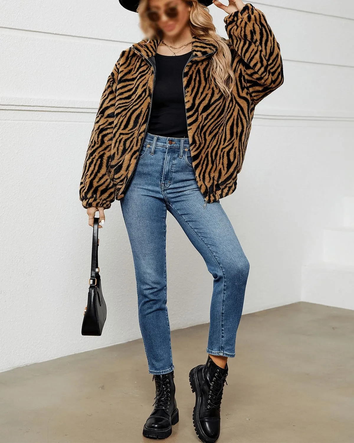 RINTONIX Women Long Sleeve Stand Collar Zebra Graphic Zip Up Faux Fur Fuzzy Jacket Outerwear Color Block Fluffy Jacket