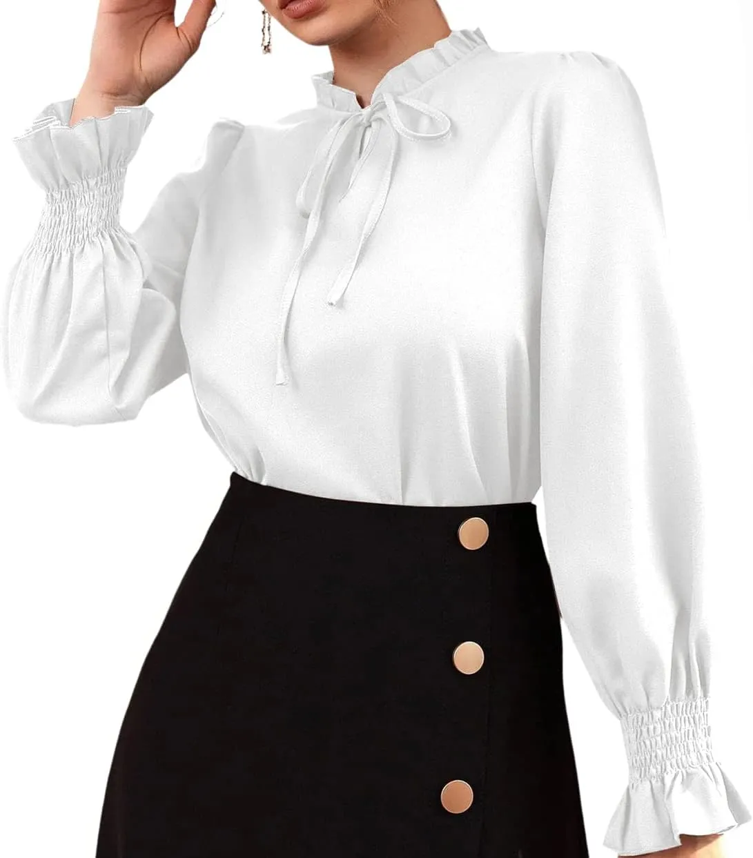 Rooscier Women's Frill Mock Neck Self Tie Shirred Ruffle Long Sleeve Elegant Blouse