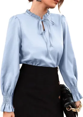 Rooscier Women's Frill Mock Neck Self Tie Shirred Ruffle Long Sleeve Elegant Blouse