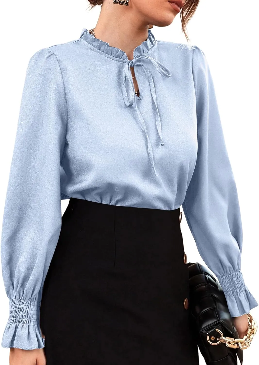 Rooscier Women's Frill Mock Neck Self Tie Shirred Ruffle Long Sleeve Elegant Blouse