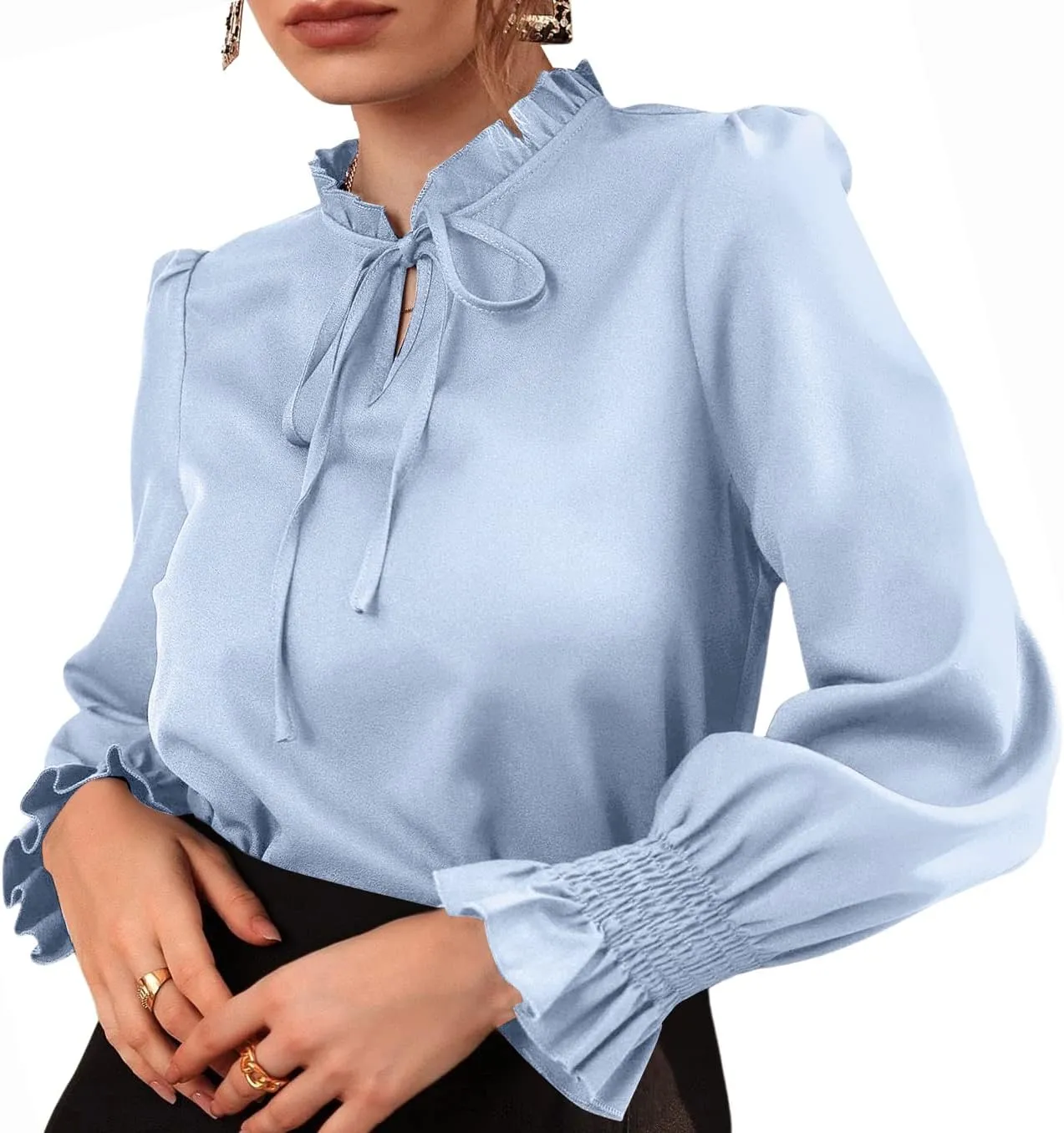 Rooscier Women's Frill Mock Neck Self Tie Shirred Ruffle Long Sleeve Elegant Blouse