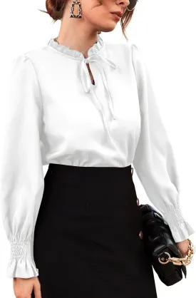 Rooscier Women's Frill Mock Neck Self Tie Shirred Ruffle Long Sleeve Elegant Blouse