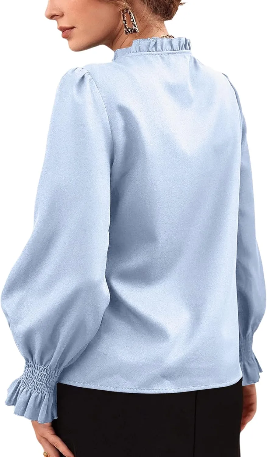 Rooscier Women's Frill Mock Neck Self Tie Shirred Ruffle Long Sleeve Elegant Blouse