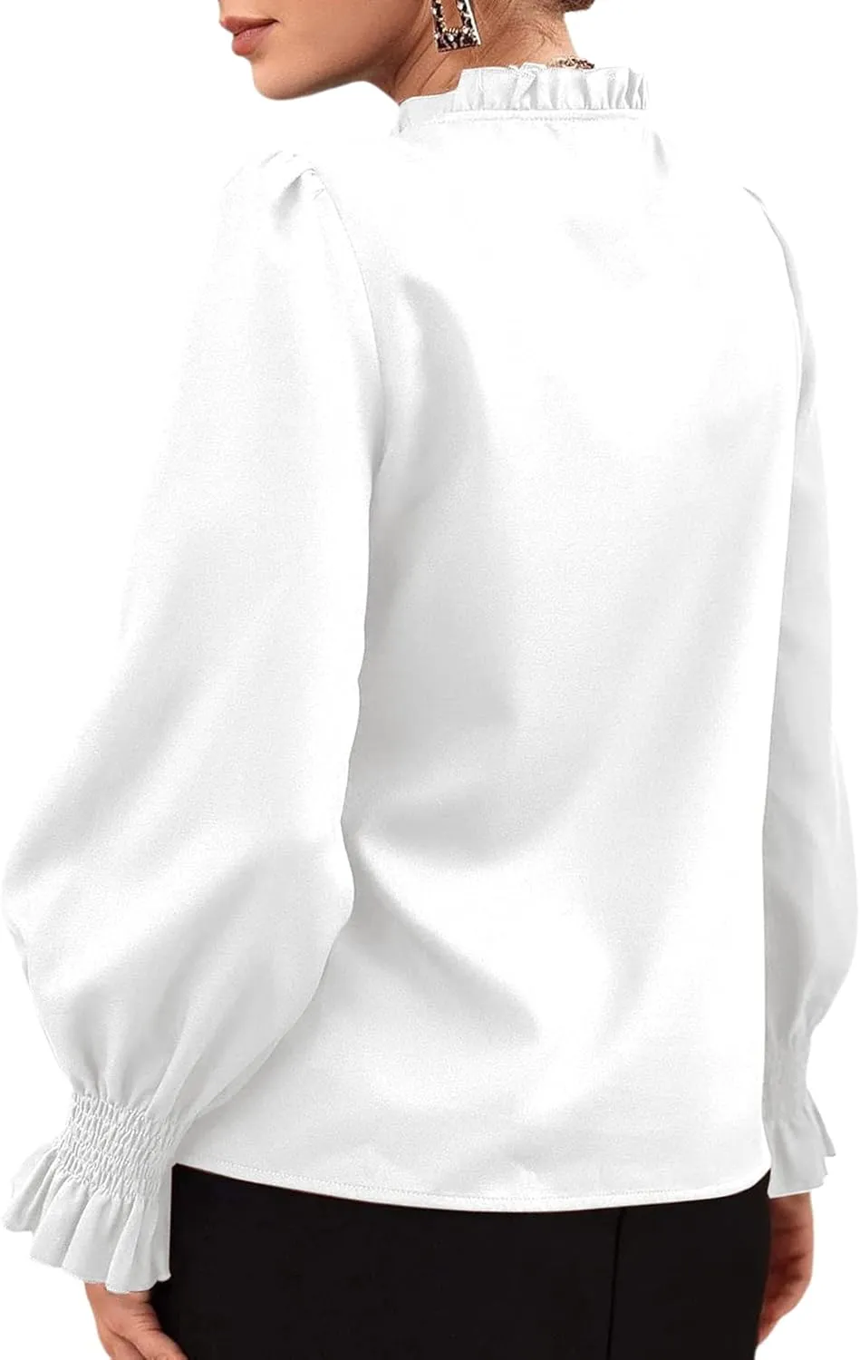Rooscier Women's Frill Mock Neck Self Tie Shirred Ruffle Long Sleeve Elegant Blouse