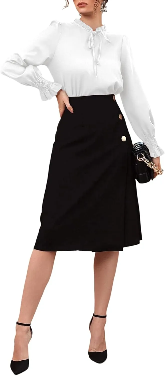 Rooscier Women's Frill Mock Neck Self Tie Shirred Ruffle Long Sleeve Elegant Blouse