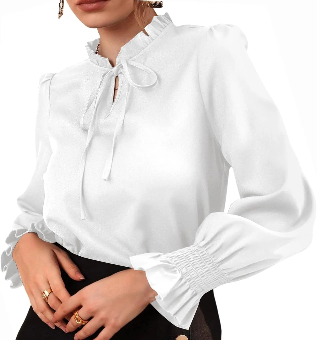Rooscier Women's Frill Mock Neck Self Tie Shirred Ruffle Long Sleeve Elegant Blouse