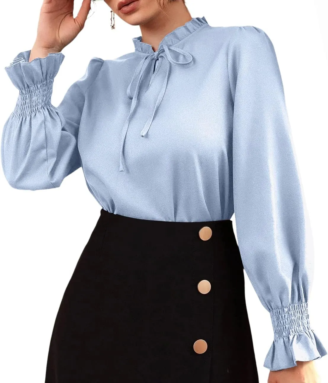 Rooscier Women's Frill Mock Neck Self Tie Shirred Ruffle Long Sleeve Elegant Blouse