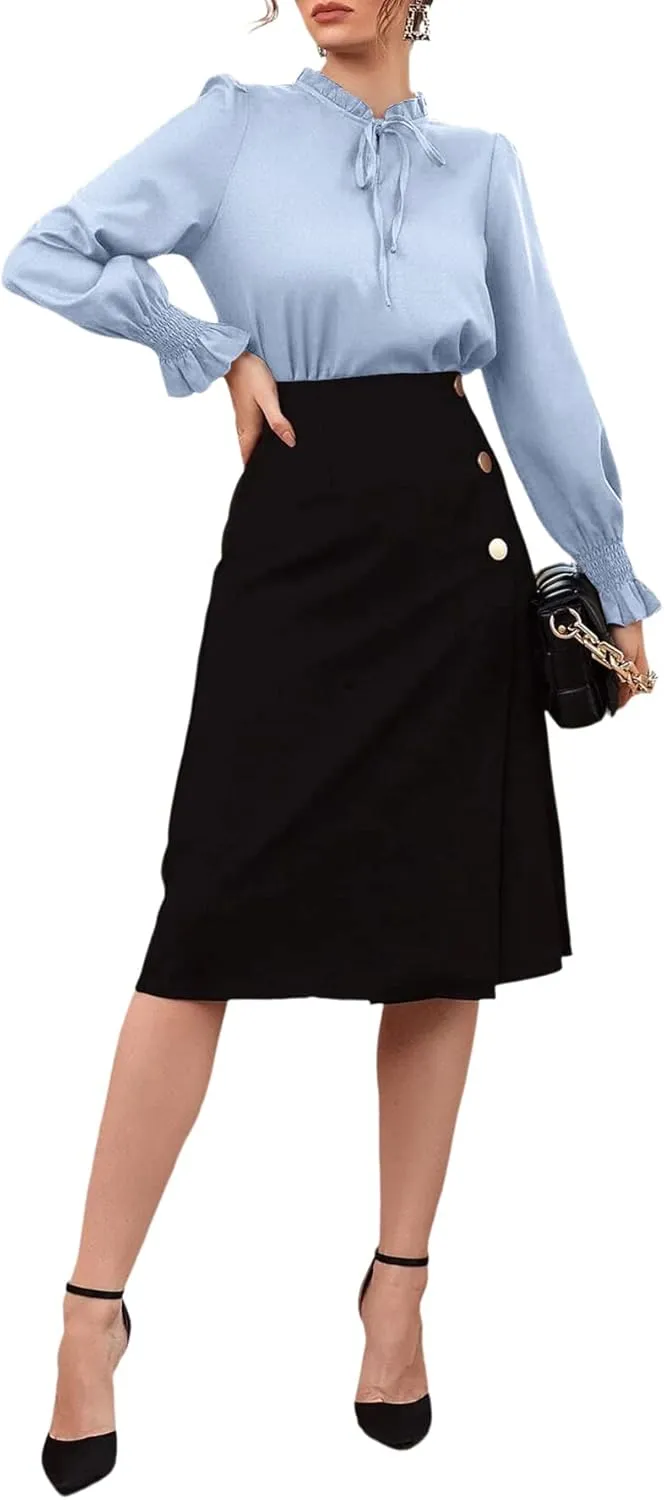 Rooscier Women's Frill Mock Neck Self Tie Shirred Ruffle Long Sleeve Elegant Blouse