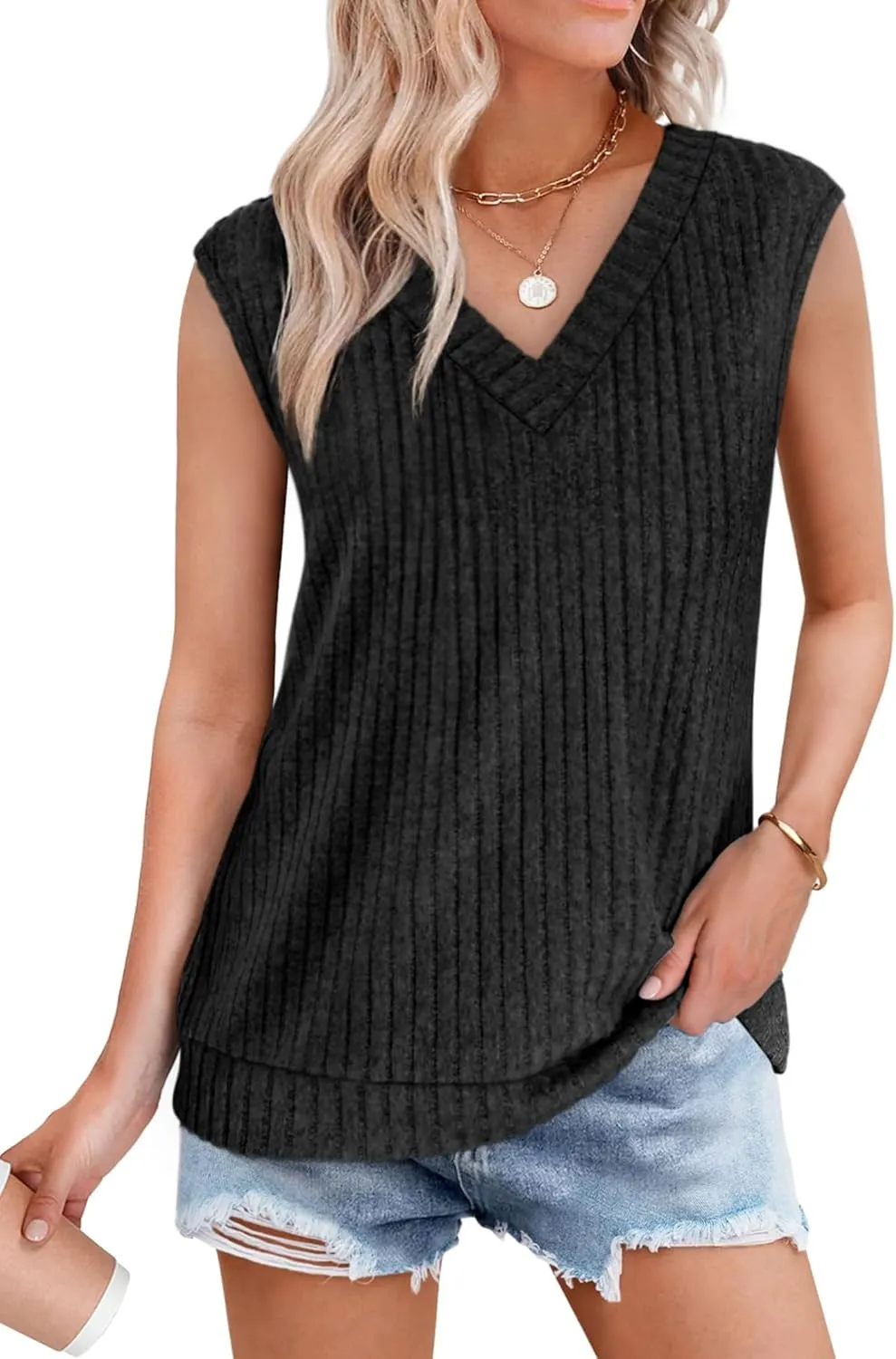 SAMPEEL Womens V Neck Sleeveless Sweater Tank Top Spring Casual Sweater Vest Summer Outifts 2025