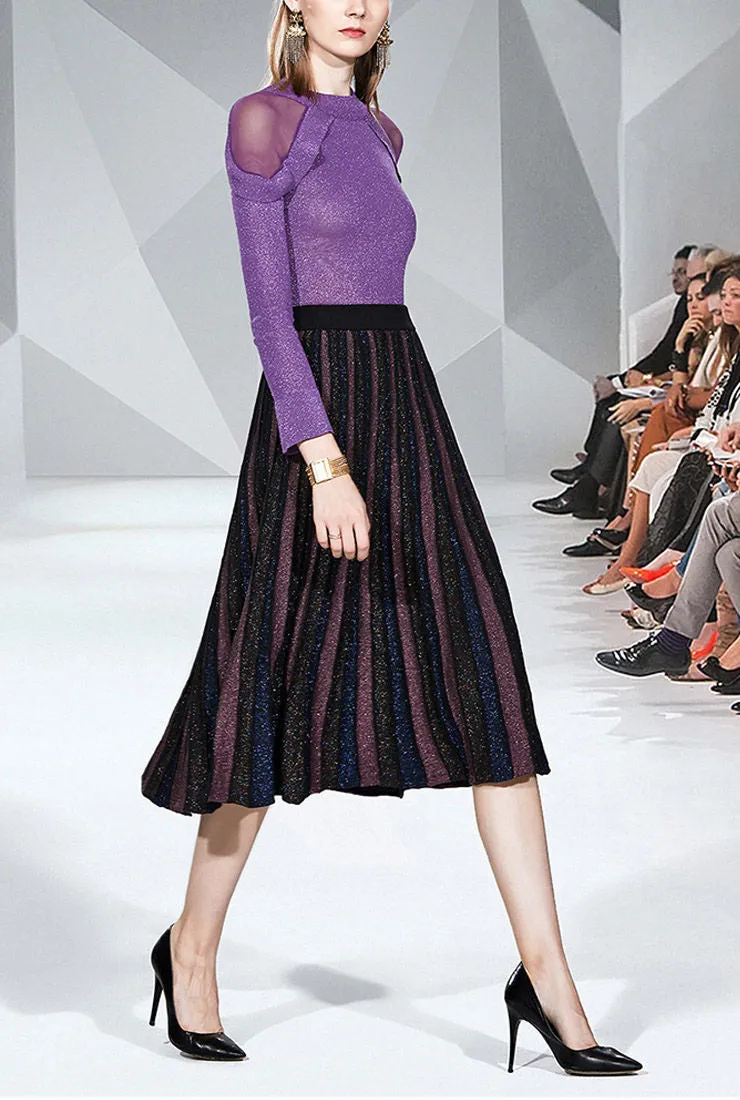 Shiny Yarn Knit Top   Pleated Midi Skirt Two Piece Set