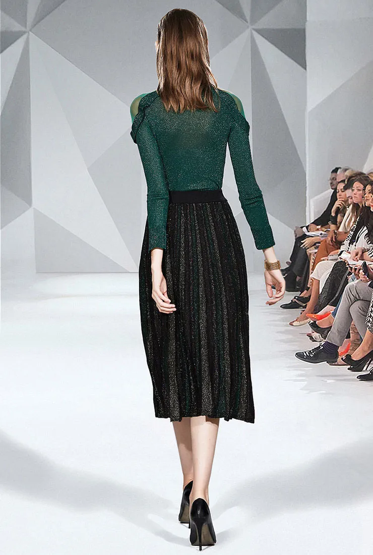 Shiny Yarn Knit Top   Pleated Midi Skirt Two Piece Set
