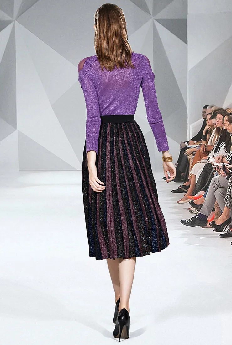 Shiny Yarn Knit Top   Pleated Midi Skirt Two Piece Set