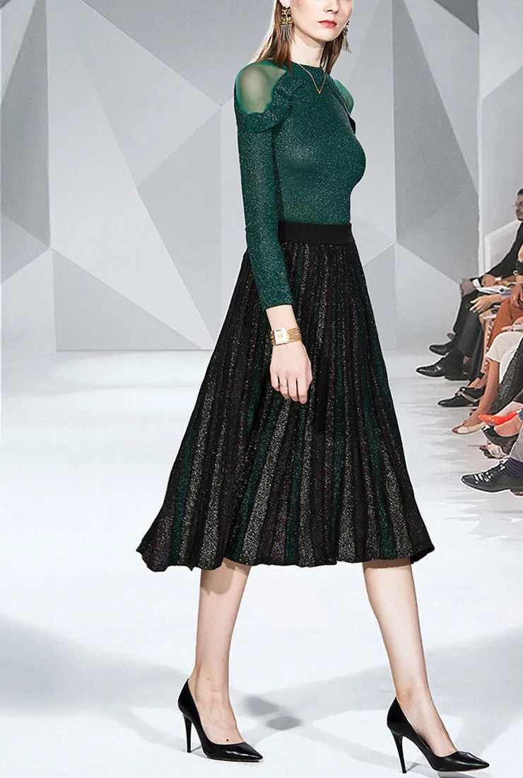 Shiny Yarn Knit Top   Pleated Midi Skirt Two Piece Set