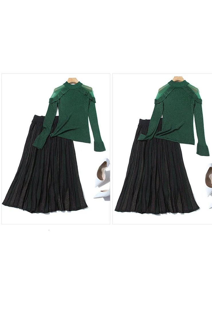 Shiny Yarn Knit Top   Pleated Midi Skirt Two Piece Set