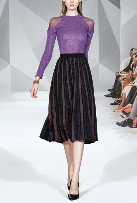 Shiny Yarn Knit Top   Pleated Midi Skirt Two Piece Set