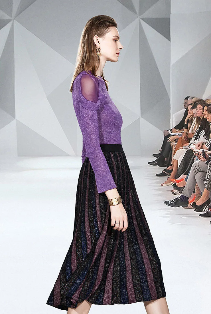 Shiny Yarn Knit Top   Pleated Midi Skirt Two Piece Set