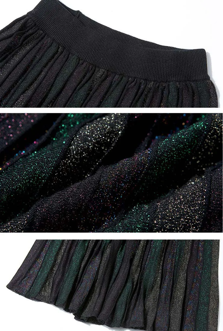 Shiny Yarn Knit Top   Pleated Midi Skirt Two Piece Set